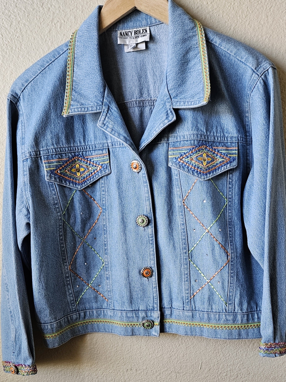 VGT NANCY BOLEN DENIM JACKET, SOUTHWEST BOHO CROPPED EMBROIDERED MADE IN THE USA